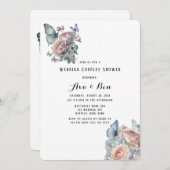 Pink Peony Dusty Blue Butterfly Brunch & Bubbly Einladung (Vorne/Hinten)