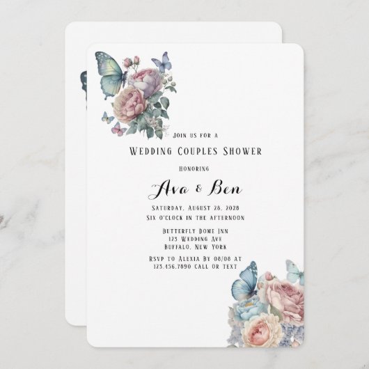 Pink Peony Dusty Blue Butterfly Brunch & Bubbly Einladung (Vorne/Hinten)