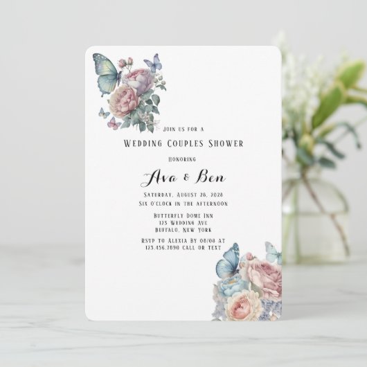 Pink Peony Dusty Blue Butterfly Brunch & Bubbly Einladung (Stehend Vorderseite)