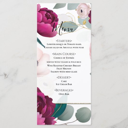 Pink Peony Eucalyptus Garden Floral Glam Menu Menükarte (Vorderseite)