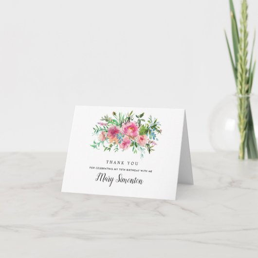 Pink Peony Floral 70. Geburtstag Foto Dankeskarte (Vorderseite)