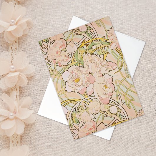 Pink Peony Floral Alphonse Mucha Note Card