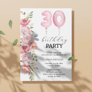 Pink Peony Floral Ballon 30. Geburtstag Party Einladung