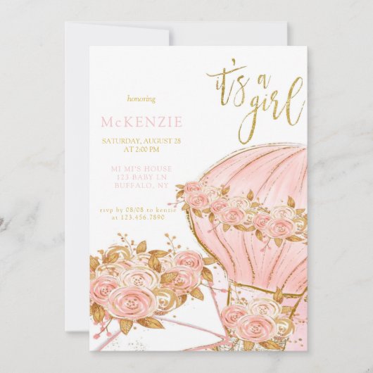 Pink Peony Floral Balloon Girl Babydusche Einladung (Vorderseite)