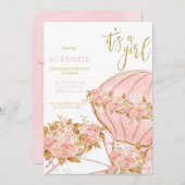 Pink Peony Floral Balloon Girl Babydusche Einladung (Vorne/Hinten)