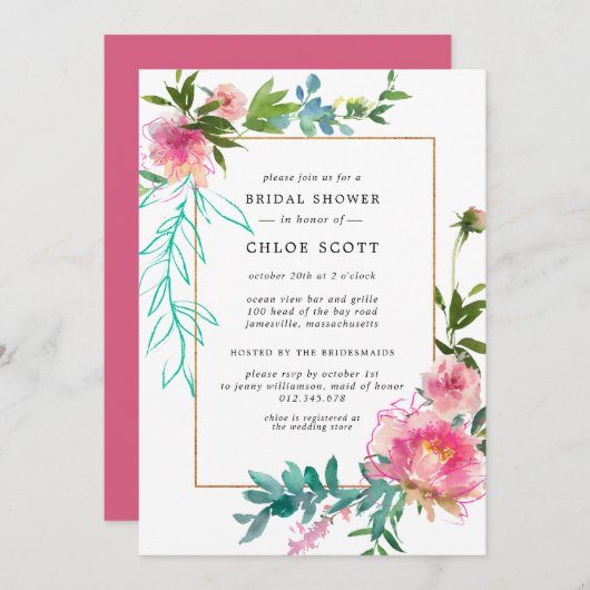 Pink Peony Floral Brautparty Einladung (Vorne/Hinten)