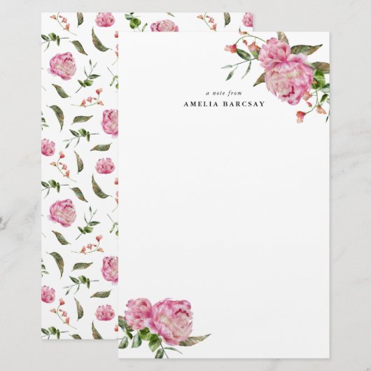Pink Peony Floral Custom Stationery Briefpapier (Vorne/Hinten)