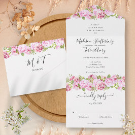 Pink Peony Floral Elegant Script Monogram Wedding All In One Einladung