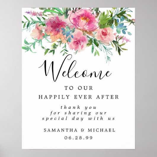 Pink Peony Floral Elegante Hochzeit Begrüßungszeic Poster (Vorne)