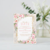 Pink Peony Floral Gold Script & Frame Delay Datum Postkarte (Stehend Vorderseite)