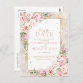 Pink Peony Floral Gold Script & Frame Delay Datum Postkarte (Vorne/Hinten)