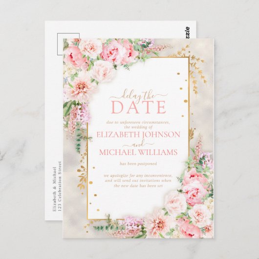 Pink Peony Floral Gold Script & Frame Delay Datum Postkarte (Vorne/Hinten)
