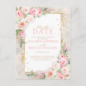Pink Peony Floral Gold Script & Frame Delay Datum Postkarte (Vorderseite)