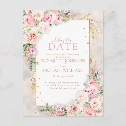 Pink Peony Floral Gold Script & Frame Delay Datum Postkarte (Vorderseite)