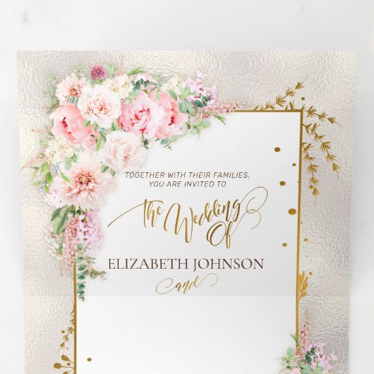 Pink Peony Floral Gold Script & Frame Dreifach Gefaltete Einladung (Innen Erste Seite)