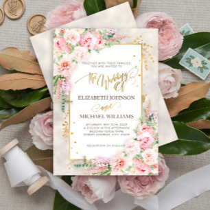 Pink Peony Floral Gold Script & Frame Einladung