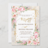 Pink Peony Floral Gold Script & Frame Einladung (Vorderseite)