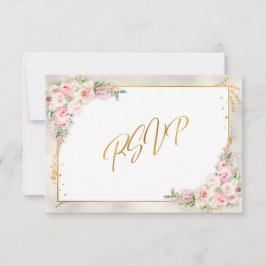 Pink Peony Floral Gold Script & Frame UAWG RSVP Karte