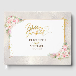 Pink Peony Floral Gold Script & Frame Wedding Gästebuch