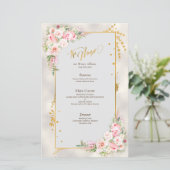 Pink Peony Floral Gold Script & Frame Wedding Menü (Stehend Vorderseite)