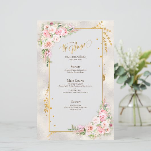 Pink Peony Floral Gold Script & Frame Wedding Menü (Stehend Vorderseite)