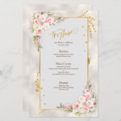Pink Peony Floral Gold Script & Frame Wedding Menü (Vorne/Hinten)