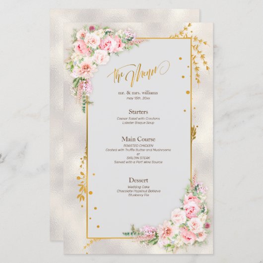 Pink Peony Floral Gold Script & Frame Wedding Menü (Vorne/Hinten)