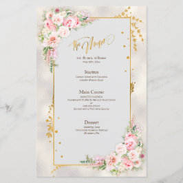 Pink Peony Floral Gold Script & Frame Wedding Menü