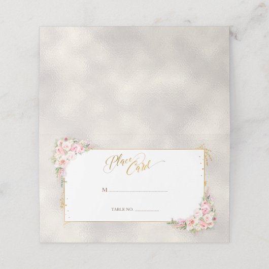 Pink Peony Floral Gold Script & Frame Wedding Platzkarte (Außenseite Aufgefaltet)