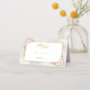 Pink Peony Floral Gold Script & Frame Wedding Platzkarte