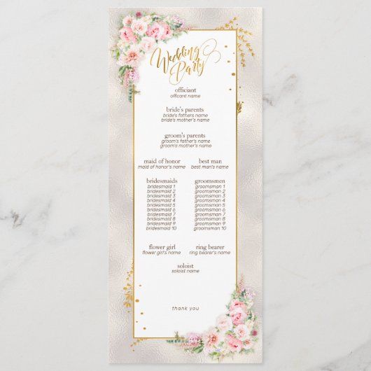 Pink Peony Floral Gold Script & Frame Wedding Programm (Rückseite)