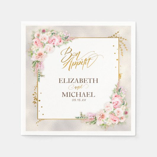 Pink Peony Floral Gold Script & Frame Wedding Serviette (Vorderseite)