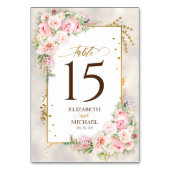 Pink Peony Floral Gold Script & Frame Wedding Tischnummer (Rückseite)