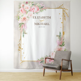 Pink Peony Floral Gold Script & Rahmen Hintergrund Wandteppich