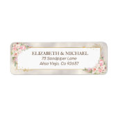 Pink Peony Floral Gold Script Rücksendeadresse (Vorne)