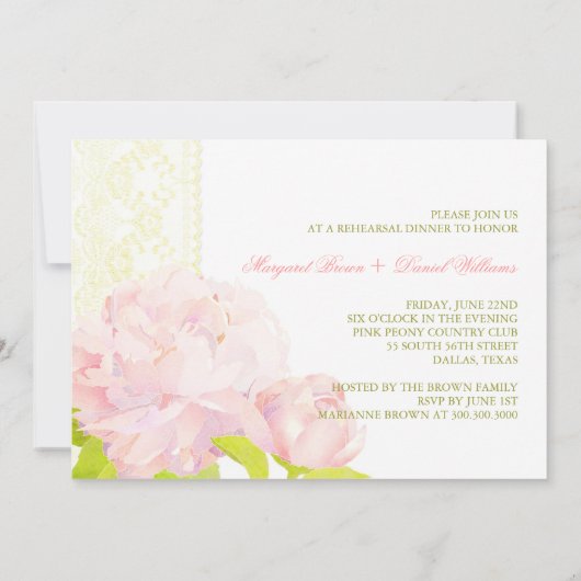 Pink Peony Floral Hochzeit Probe Dinner Einladung (Rückseite)
