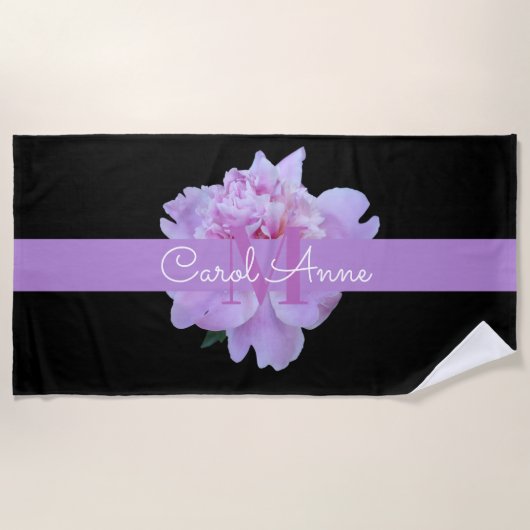 Pink Peony Floral Monogram Lila Black Strandtuch (Vorderseite)