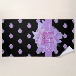 Pink Peony Floral Monogram Lila Black Strandtuch