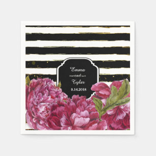 Pink Peony Floral Schwarz und Weiß Streifen Serviette