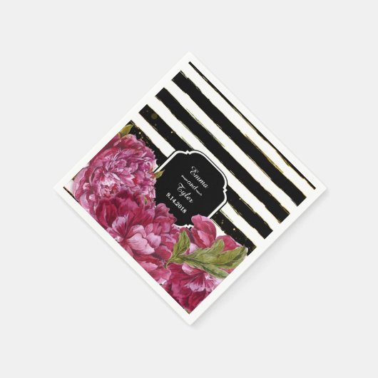 Pink Peony Floral Schwarz und Weiß Streifen Serviette (Ecke)