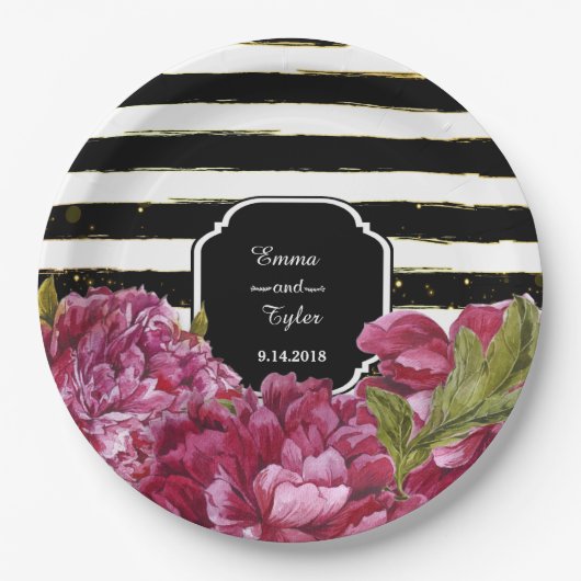 Pink Peony Floral Schwarz-weiß Strip Paper Teller (Vorderseite)