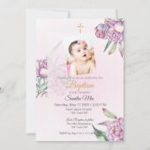 Pink Peony Floral Taufe Einladung (Vorderseite)
