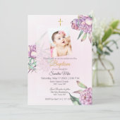 Pink Peony Floral Taufe Einladung (Stehend Vorderseite)