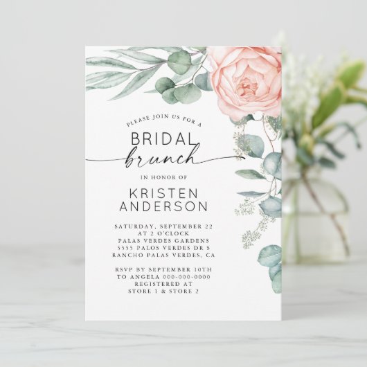Pink Peony Floral Wasserfarbe Brautparty Einladung (Stehend Vorderseite)