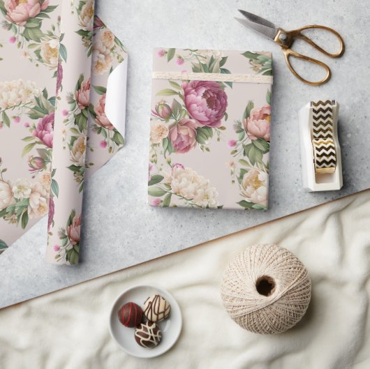 Pink Peony Floral Wreath Brautparty Geschenkpapier (Kunsthandwerk)