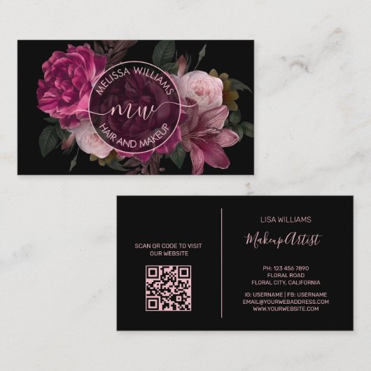 Pink Peony Flower Black Logo Visitenkarte (Vorne/Hinten)