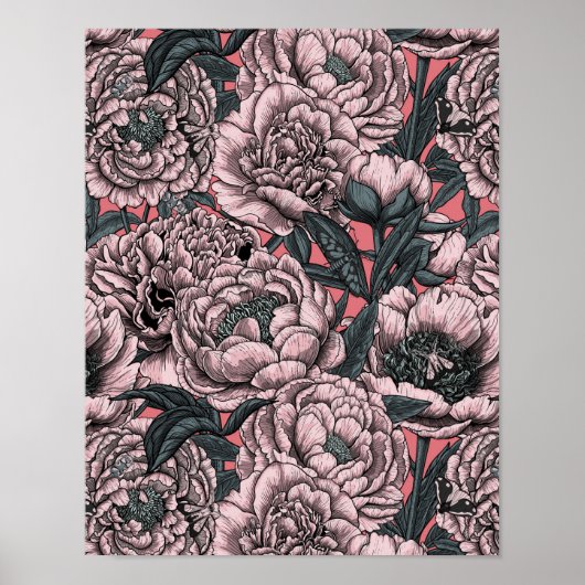 Pink peony flowers and moths poster (Vorne)