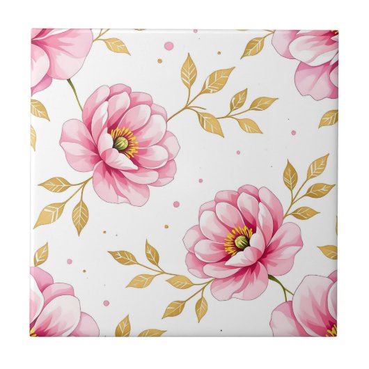 Pink Peony Flowers Golden Leaves Pattern Fliese (Vorderseite)