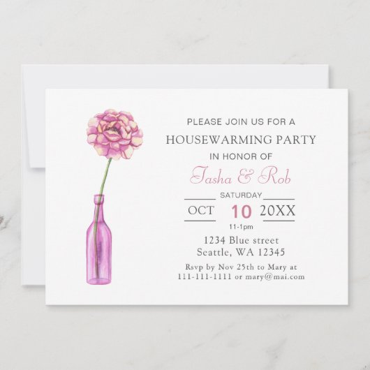 Pink Peony Glass Flasche Vase Housewärme Einladung (Vorderseite)