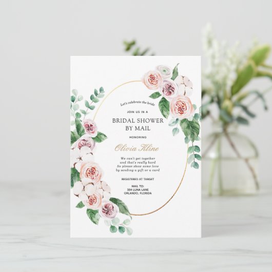 Pink Peony Gold Frame Brautparty per Mail Einladung (Stehend Vorderseite)